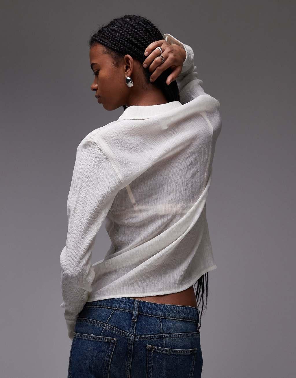 Topshop linear textured shirt in ivory Product Image