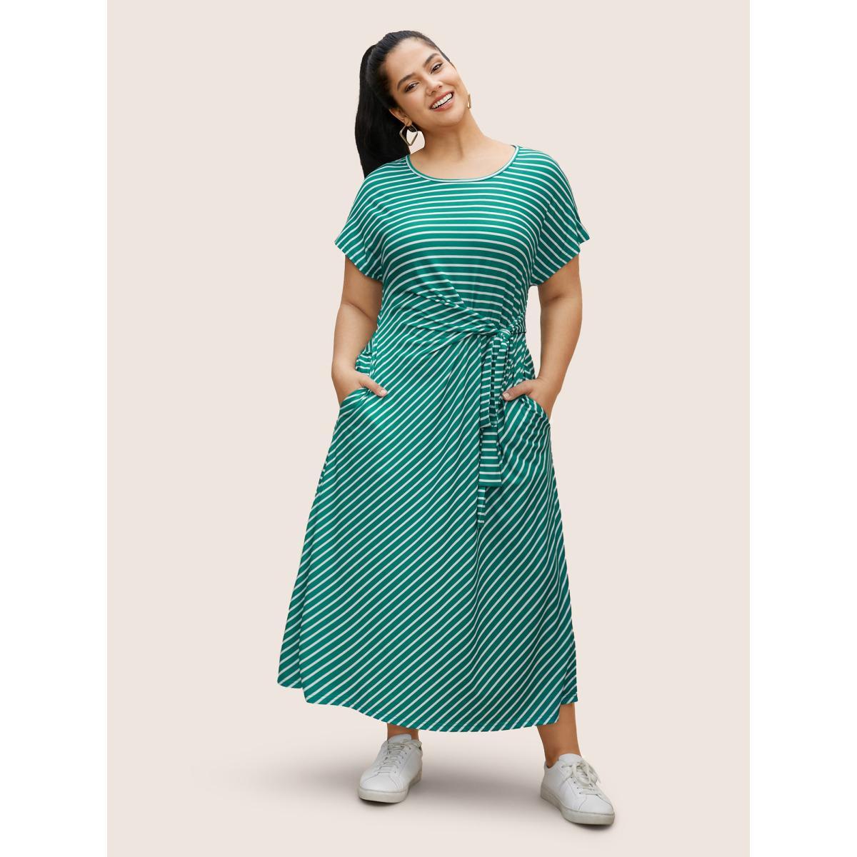 Plus Size Striped Tie Knot Batwing Sleeve Split Side Dress Emerald Women Casual Tie knot Round Neck Cap Sleeve Curvy BloomChic 10/M Product Image