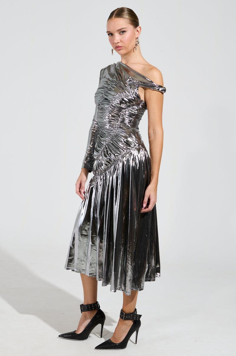 TURN BACK TIME SILVER METALLIC MIDI DRESS Product Image