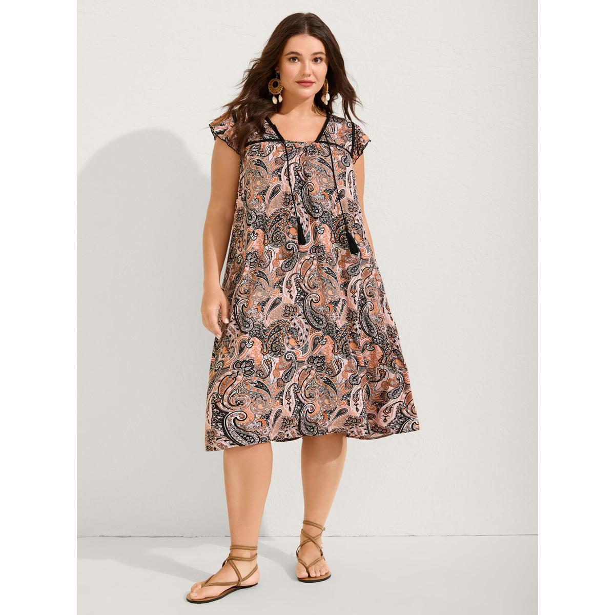 Plus Size Rayon Paisley Print Neck Tie Midi Dress Multicolor Women Square Neck Cap Sleeve Curvy BloomChic 12/L Product Image