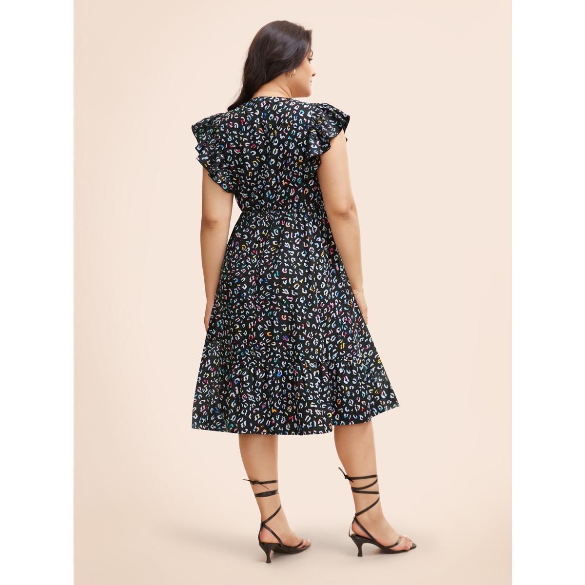 Plus Size Multi-color Leopard Print Elastic Waist Midi Dress Black Women Elegant Ruffles V-neck Cap Sleeve Curvy BloomChic 28/5X Product Image