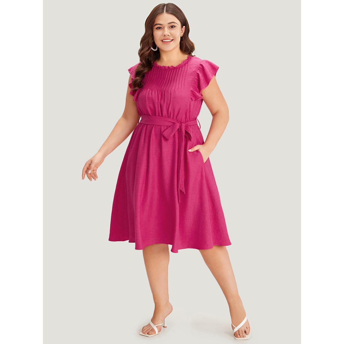 Plus Size Solid Pocket Lace Insert Pleated Flutter Sleeve Dress RedViolet Women Office Gathered Round Neck Sleeveless Curvy Knee Dress BloomChic 30/6X Product Image