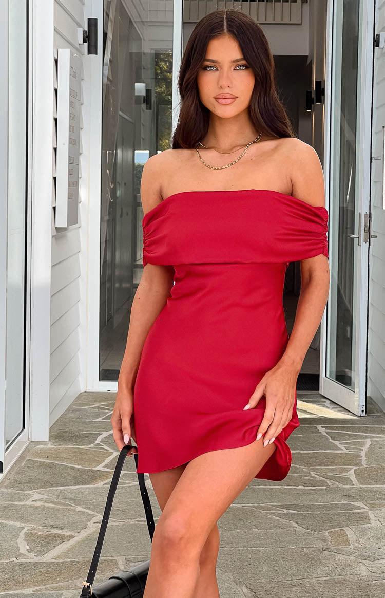 Primrose Red Satin Off the Shoulder Mini Dress Product Image