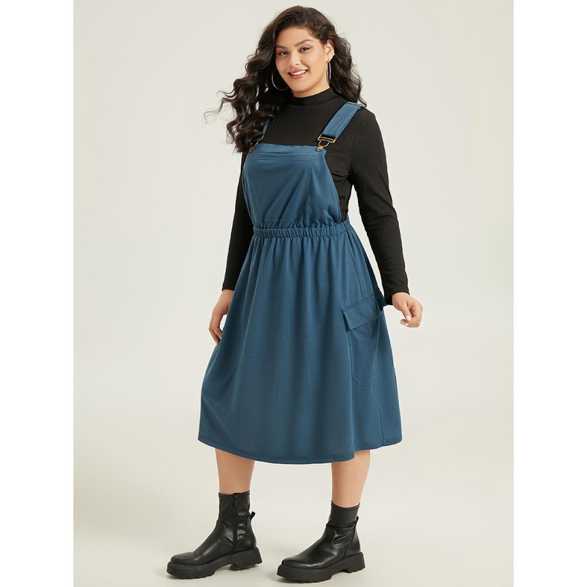 Plus Size Solid Adjustable Straps Elastic Waist Dress Indigo Women Casual Adjustable Straps Spaghetti Strap Sleeveless Curvy Midi Dress BloomChic 22-24/3X Product Image