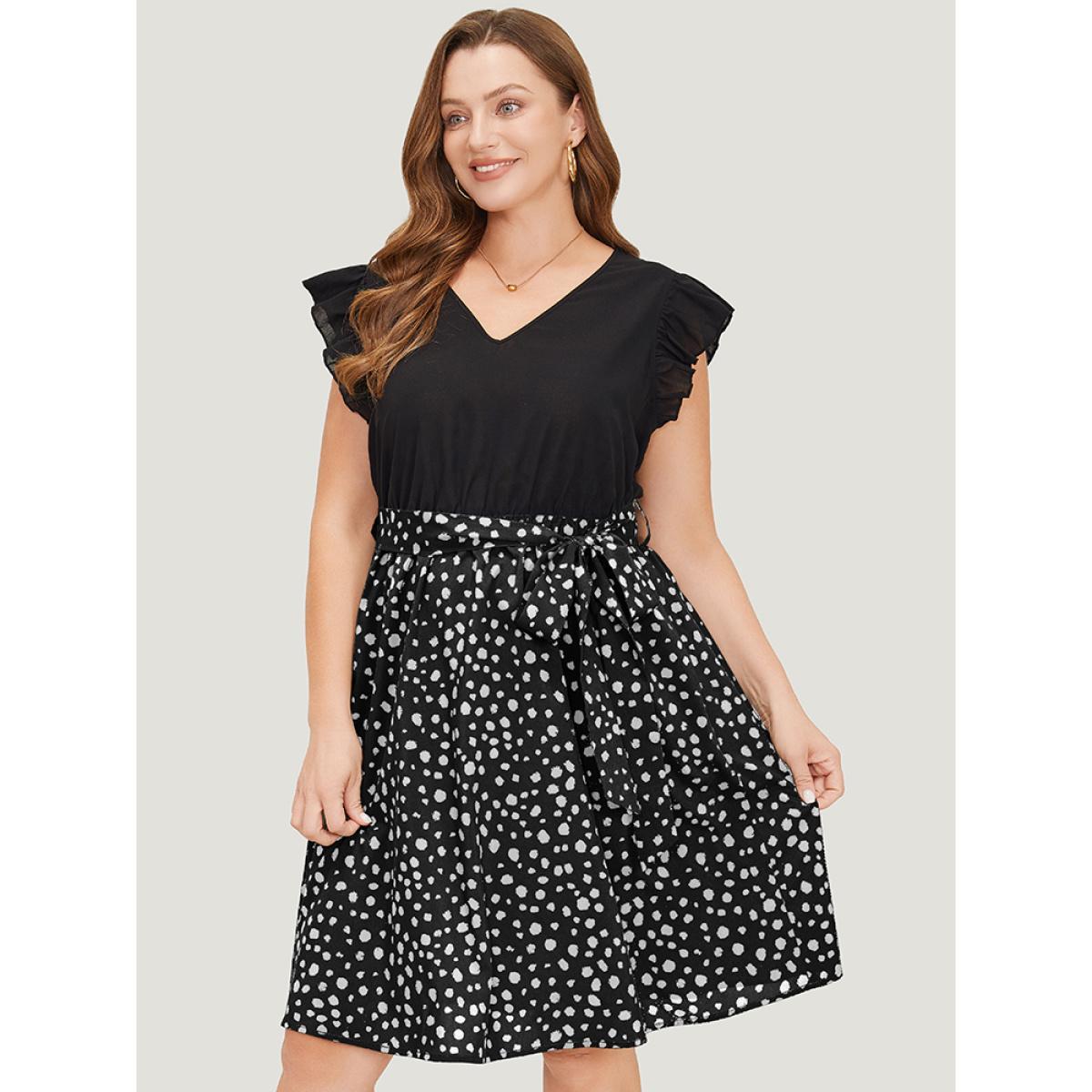 Plus Size Leopard Patchwork Pocket Belt Ruffle Dress Black Women Elegant Belted V-neck Cap Sleeve Curvy Knee Dress BloomChic 26/4X Product Image