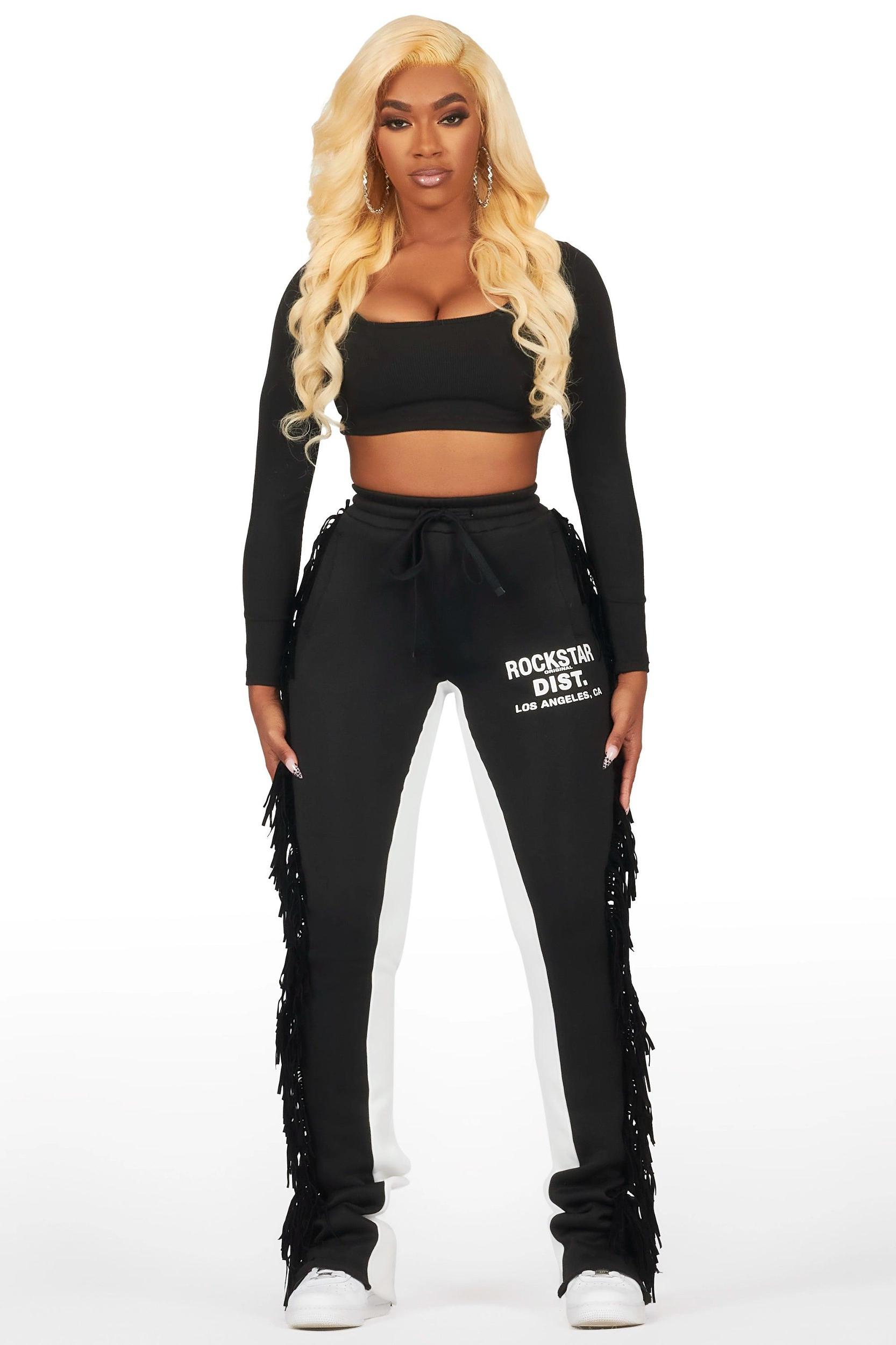 Kendra Black Fringe Stacked Flare Track Pant Female Product Image