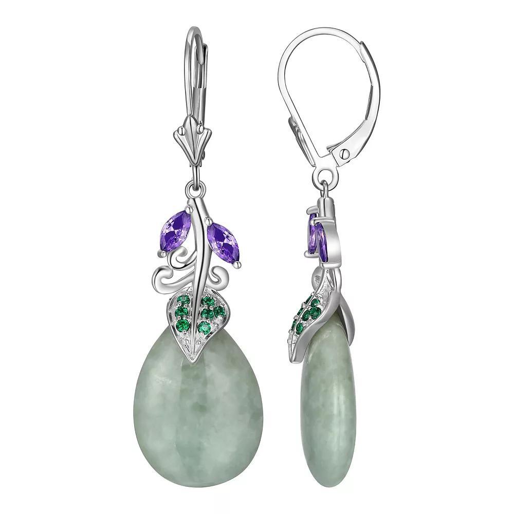 Dynasty Jade Rhodium-Plated Sterling Silver Jade & Cubic Zirconia Leverback Drop Earrings, Women's Product Image