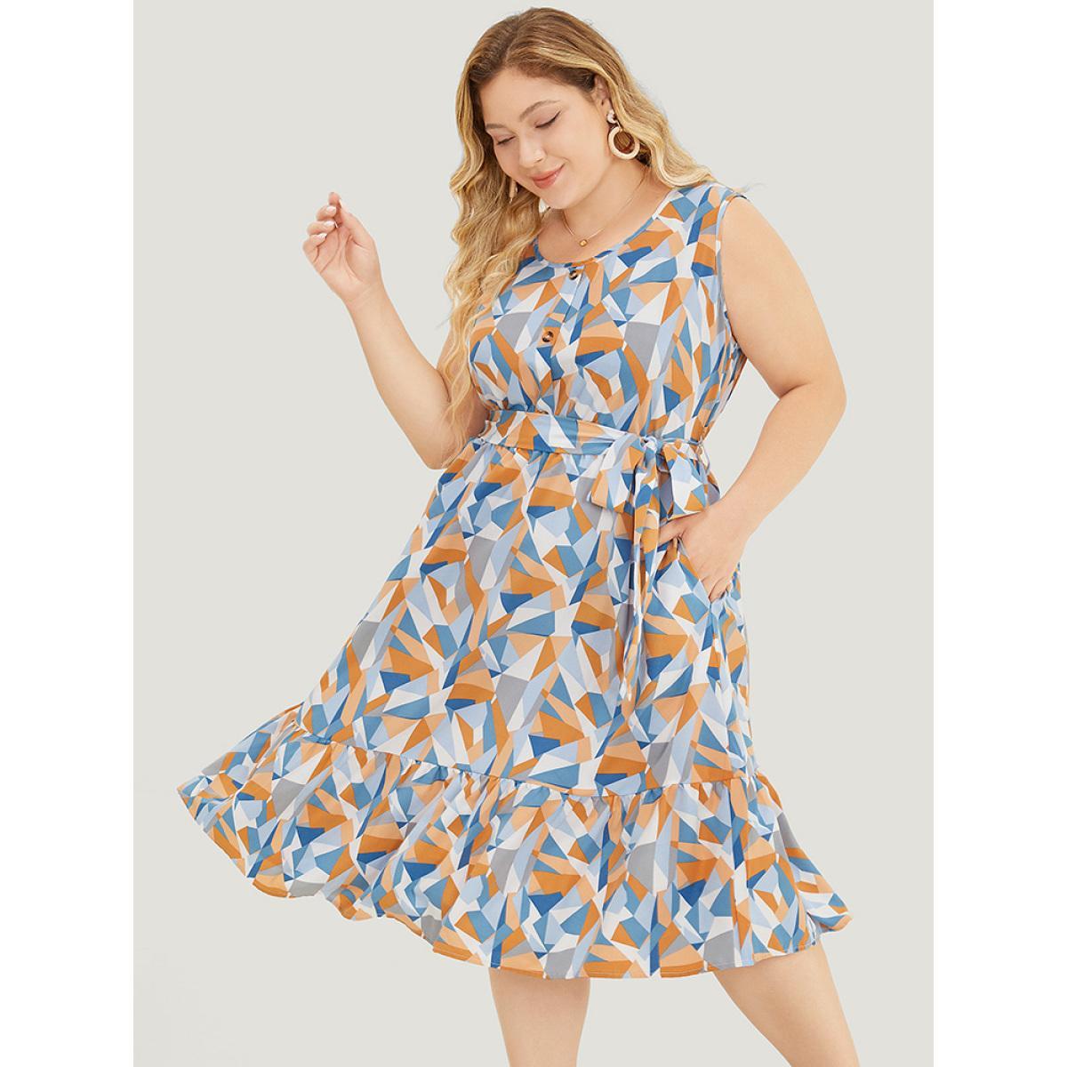 Plus Size Geometric Belt Ruffle Hem Pocket Button Detail Tank Dress Multicolor Women Elegant Contrast Round Neck Sleeveless Curvy Knee Dress BloomChic 18-20/2X Product Image