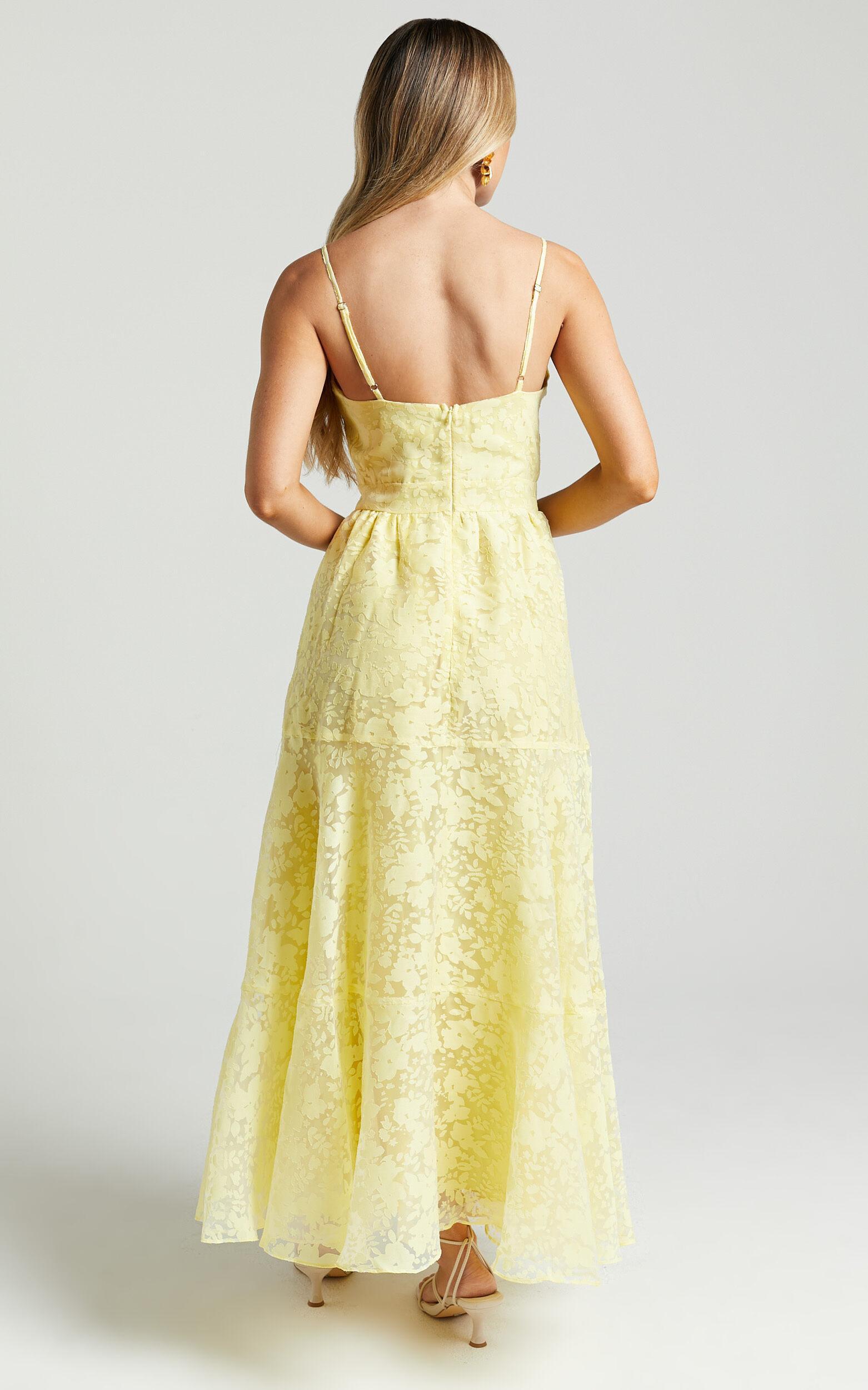 Jorie Midi Dress - Strappy Front Cut Out Tiered Skirt in Pastel Yellow Product Image