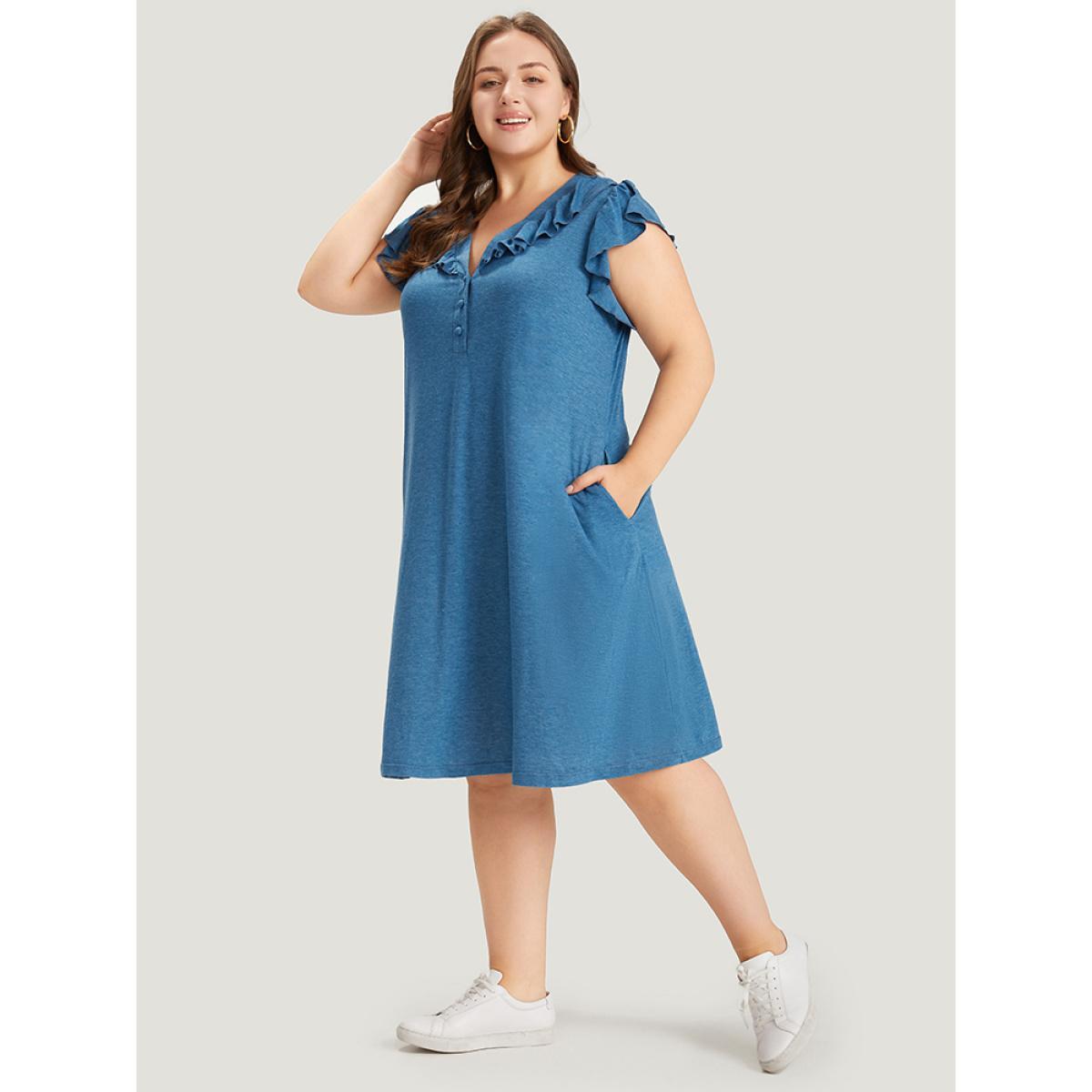 Plus Size Supersoft Essentials Plain Pocket Button Through Flutter Dress Aegean Women Casual Button V-neck Cap Sleeve Curvy Midi Dress BloomChic 28/5X Product Image