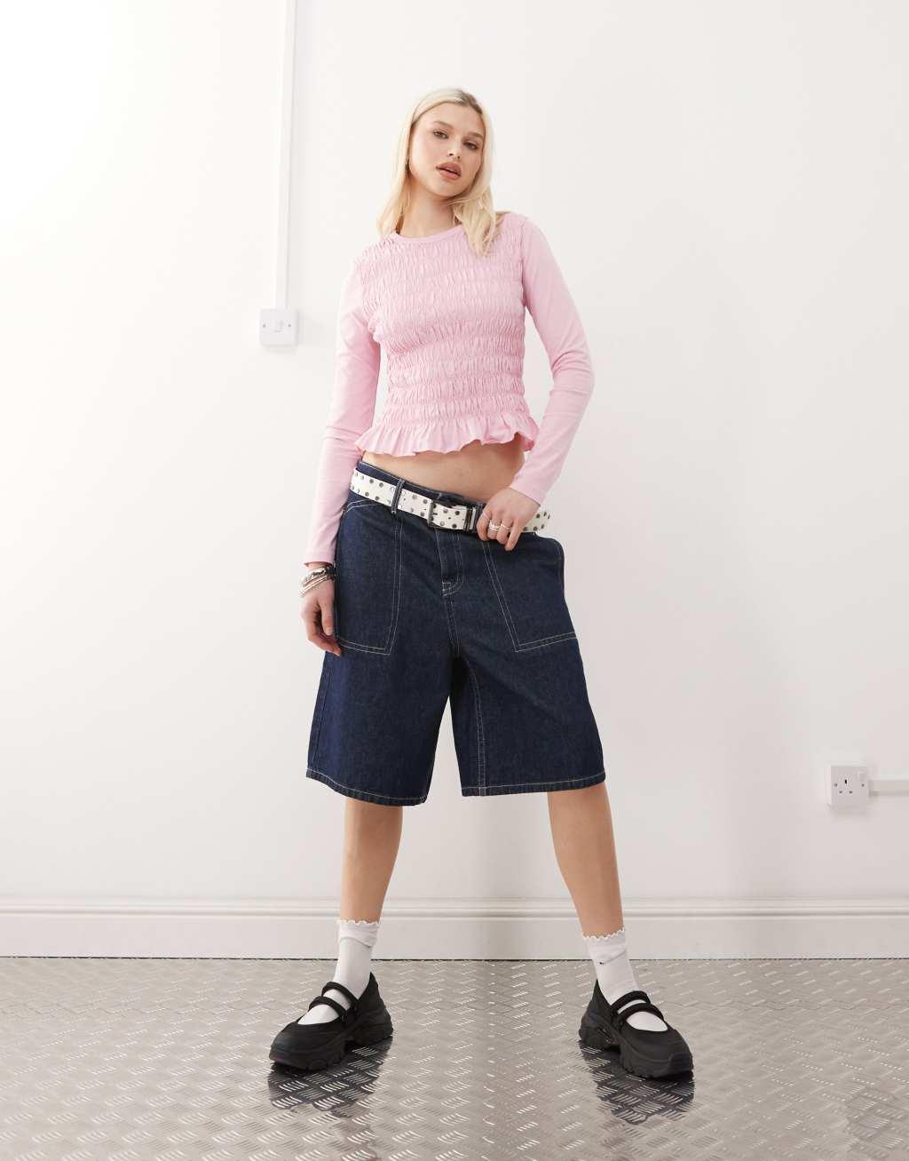 Reclaimed Vintage shirred long sleeve top in pink Product Image