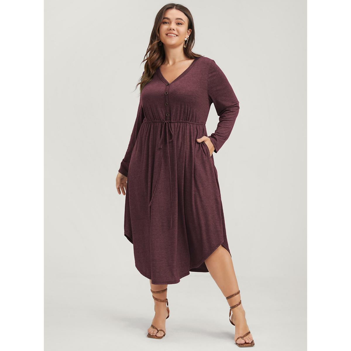 Plus Size Solid Pocket Button Asymmetrical Hem Ties Midi Dress Black Women Casual Patchwork V-neck Long Sleeve Curvy Midi Dress BloomChic 28/5X Product Image