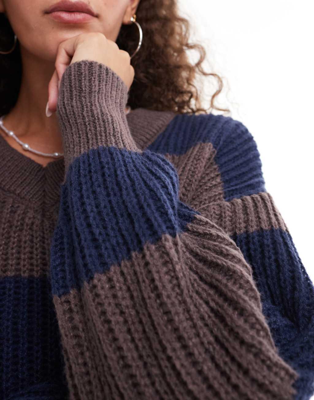 Daisy Street v neck stripe knitted ribbed sweater Product Image