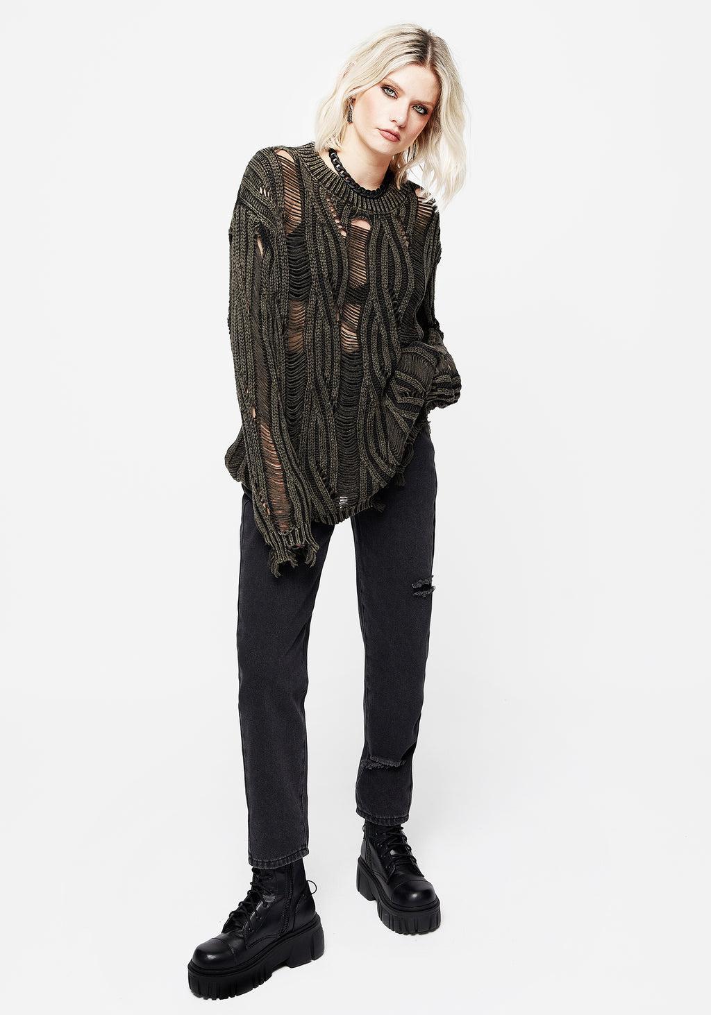 Granite Ladder Stitch Distressed Cable Knit Sweater Product Image