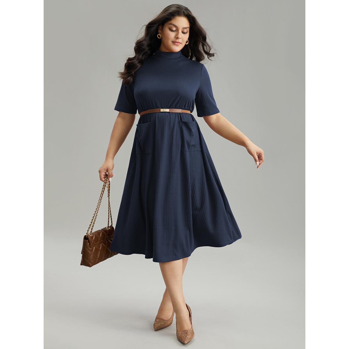 Plus Size Solid Rib Knit Mock Neck Pocket Dress Indigo Women Office Plain Mock Neck Short sleeve Curvy Midi Dress BloomChic 10/M Product Image