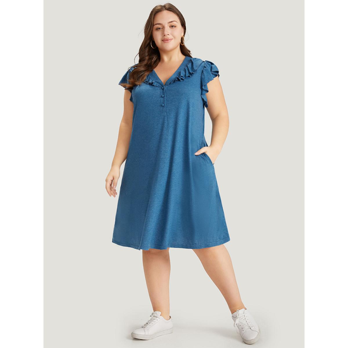Plus Size Supersoft Essentials Plain Pocket Button Through Flutter Dress Aegean Women Casual Button V-neck Cap Sleeve Curvy Midi Dress BloomChic 28/5X Product Image