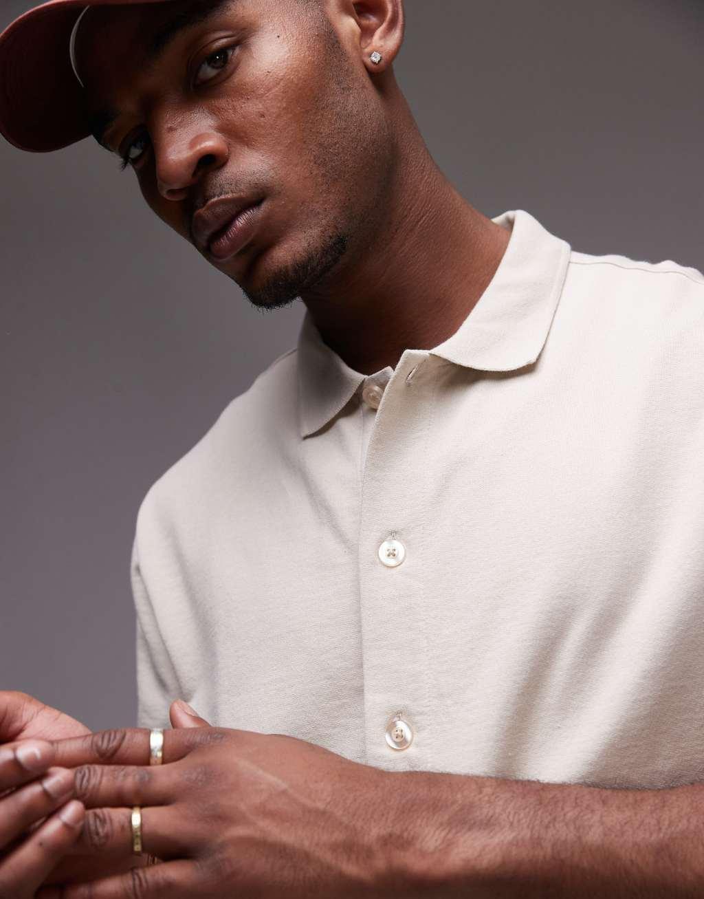 Topman boxy fit button through jersey shirt in stone Product Image