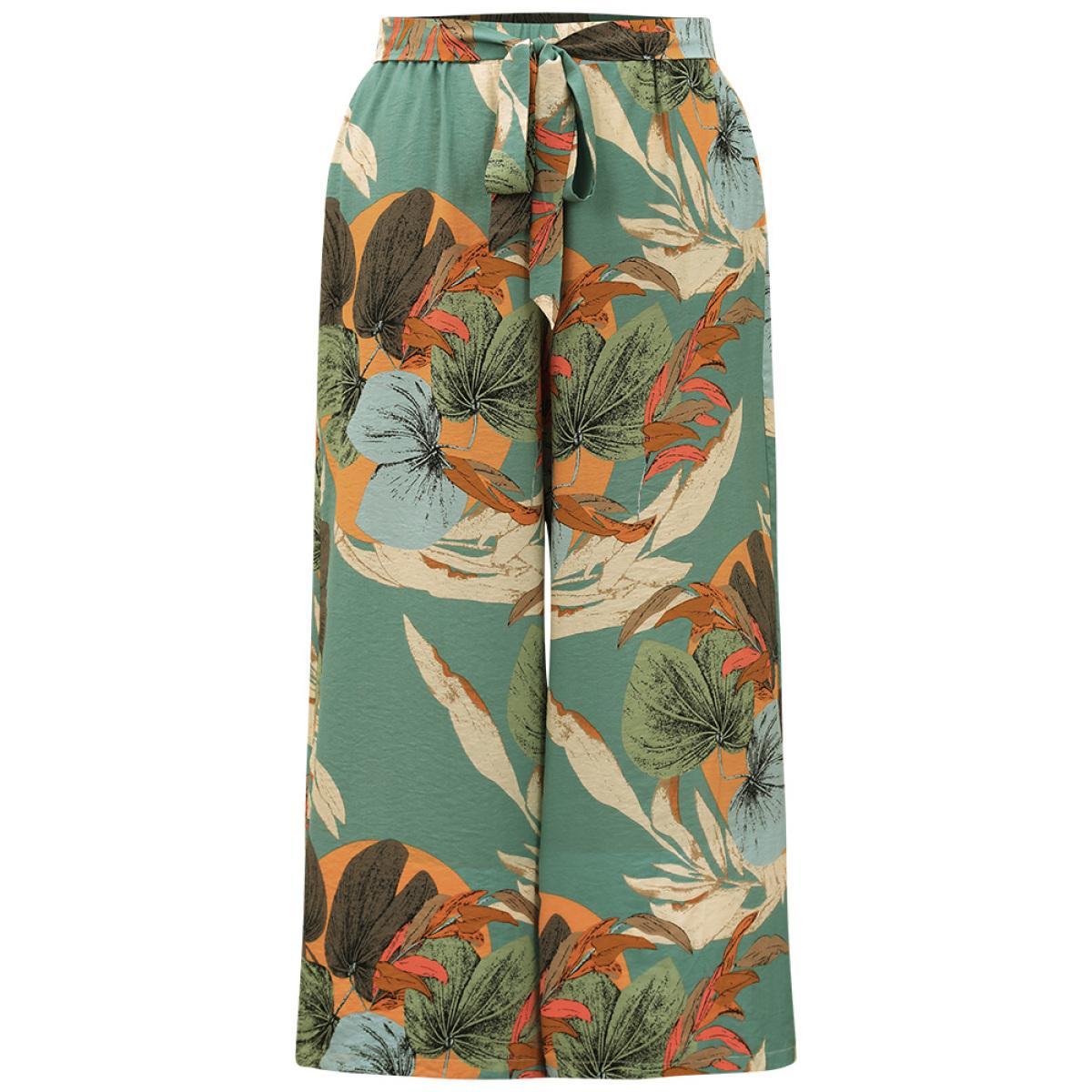 Plus Size Plants Print Elastic Waist Ties Pants Women Mint Vacation Straight Leg High Rise Dailywear Pants BloomChic 22-24/3X Product Image