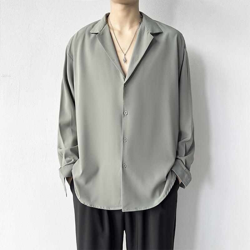 Long-Sleeve Lapel Collar Plain Button-Up Shirt Product Image