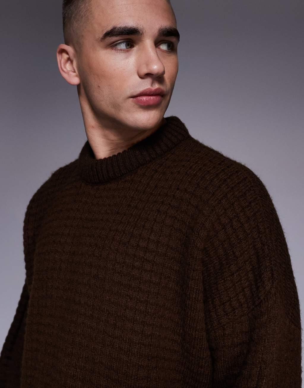 ASOS DESIGN super oversized boxy fit waffle texture knit crew neck sweater in brown Product Image
