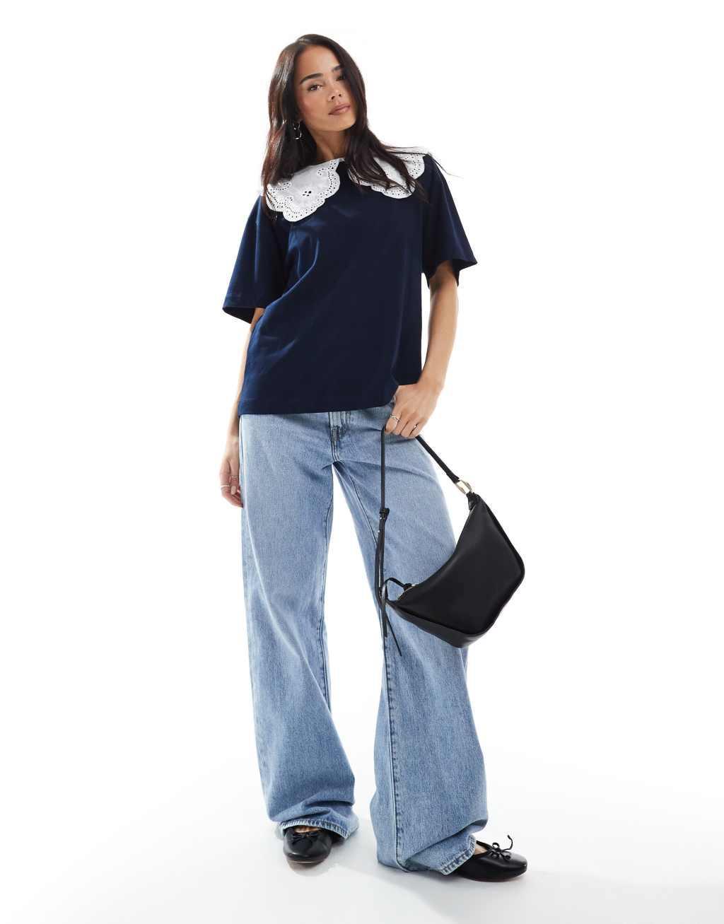 Miss Selfridge lace trim sailor collar T-shirt in navy Product Image