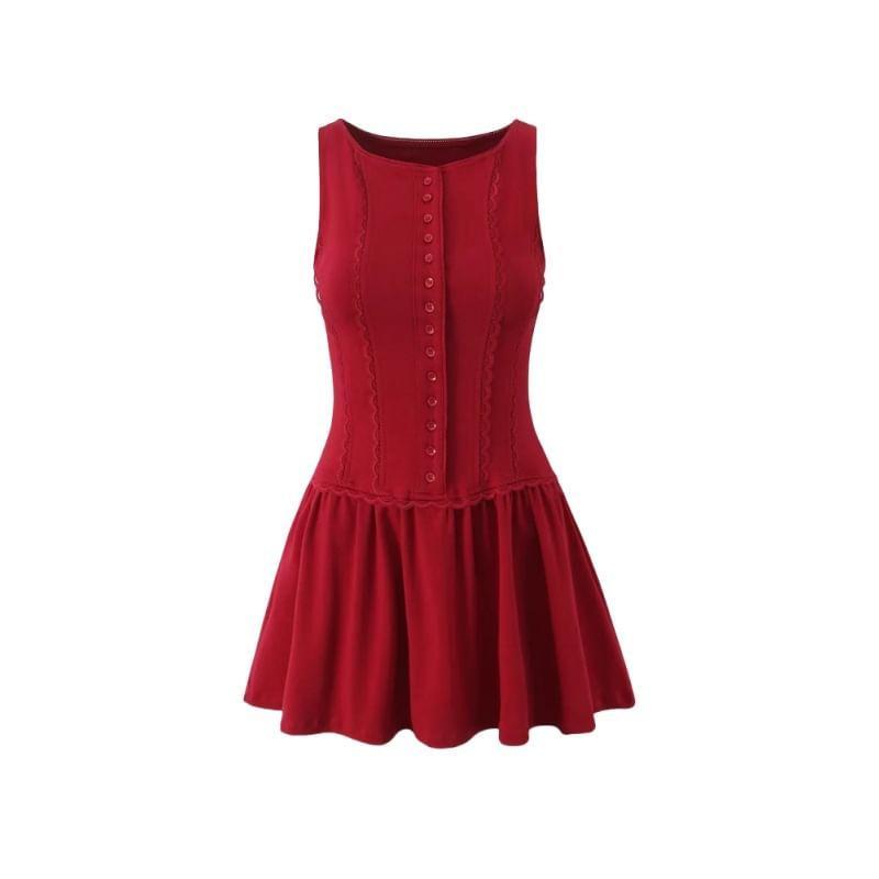Sleeveless Boatneck Plain Mini A-Line Dress Product Image