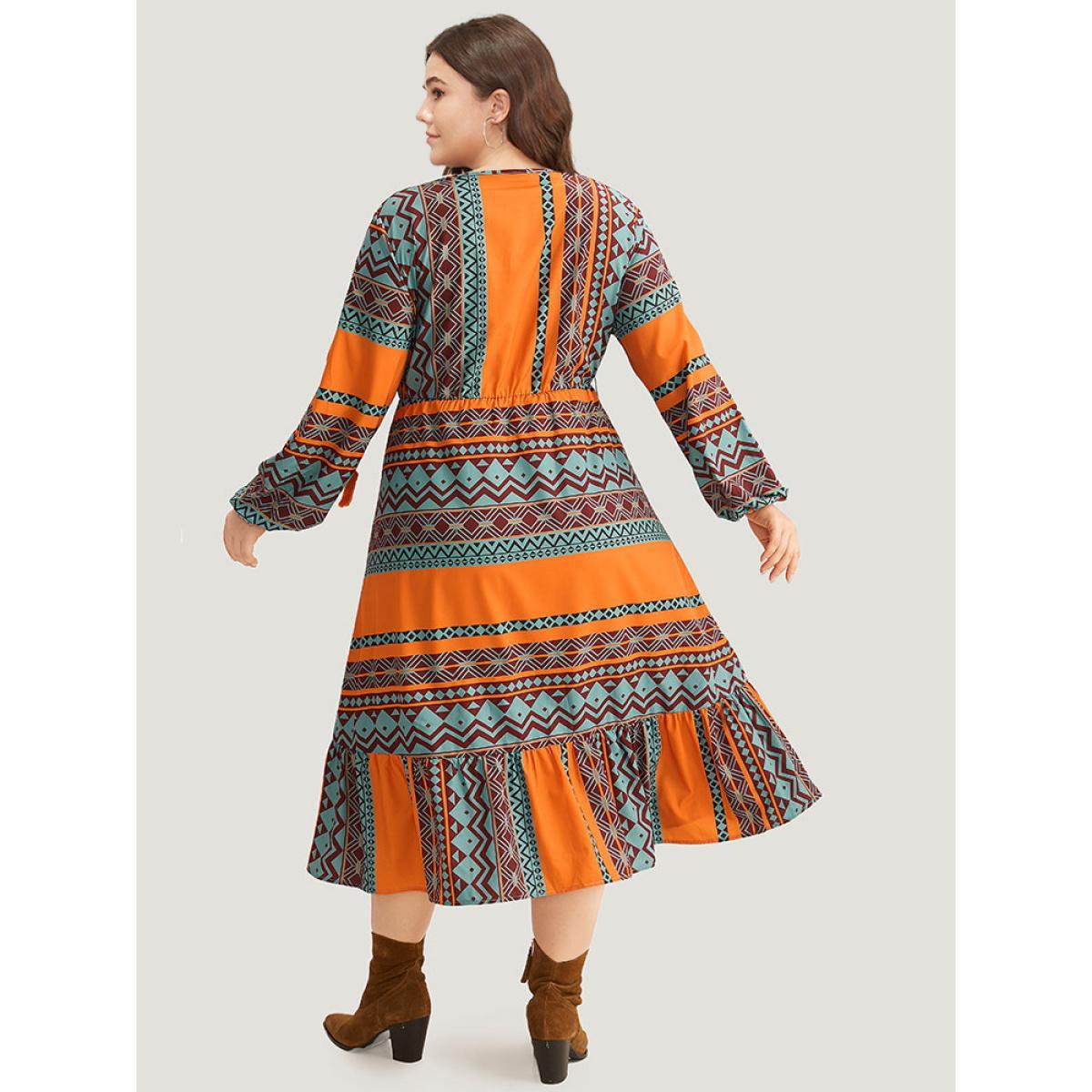 Plus Size Boho Print Tassel Tie Neck Dress OrangeRed Women Vacation Elastic cuffs Tie Neck Long Sleeve Curvy Midi Dress BloomChic 12/L Product Image