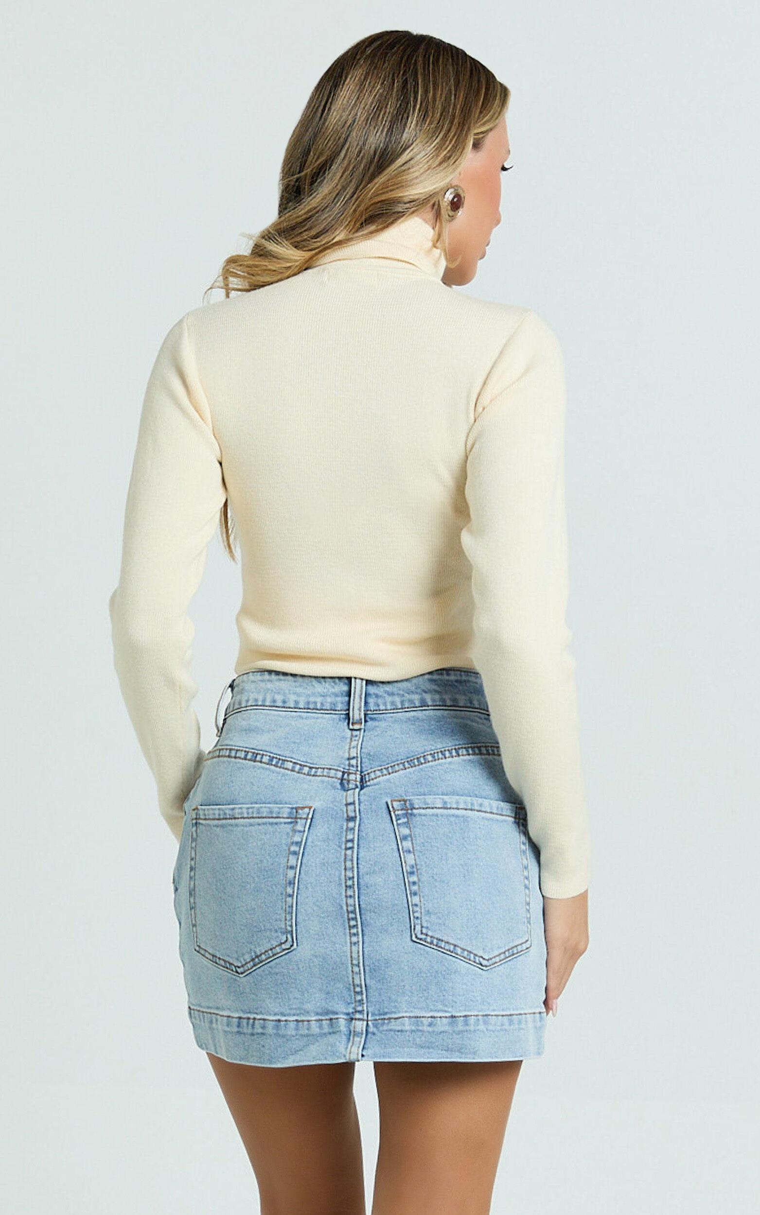 Natalie Top - Long Sleeve Roll Neck Knitted Top in Cream Product Image
