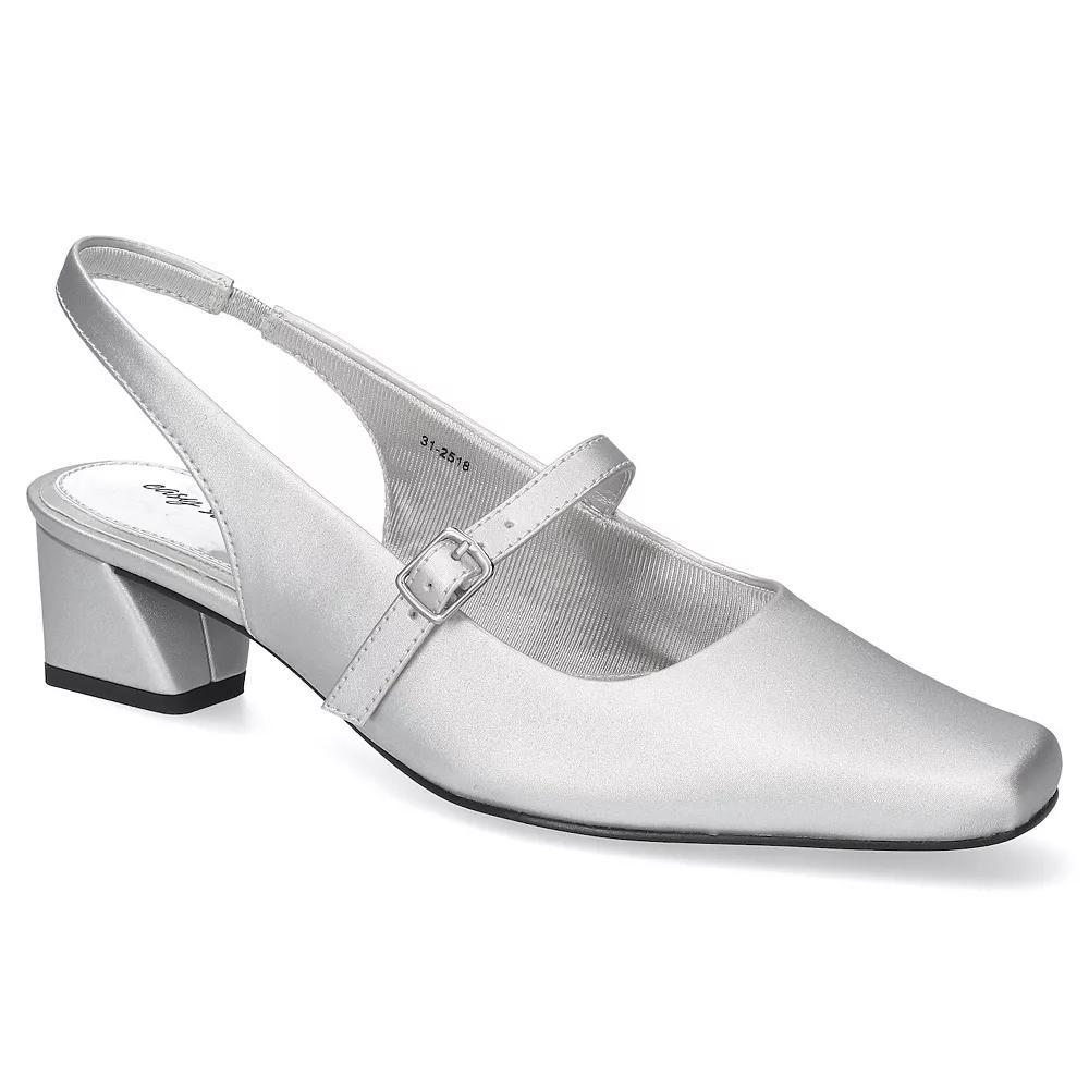 Easy Street Women's Cameo Square Toe Slingback Pumps, Size: 7.5, Silver Satin Product Image