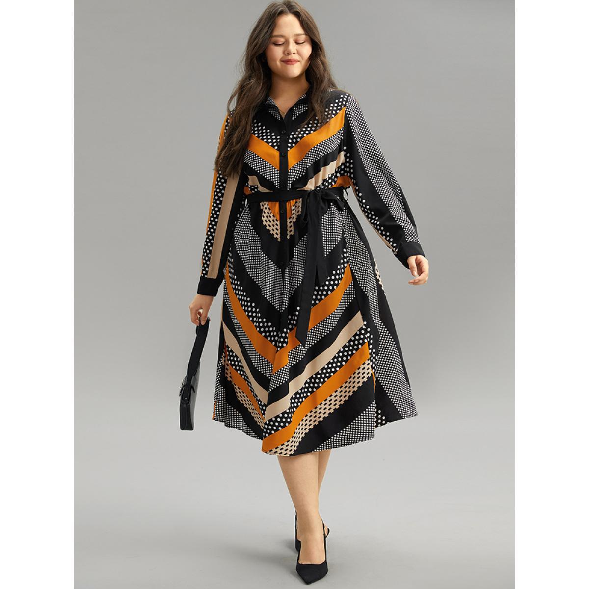 Plus Size Polka Dot Striped Belted Button Through Dress Orange Women At the Office Belted Mock Neck Long Sleeve Curvy Midi Dress BloomChic 12/L Product Image