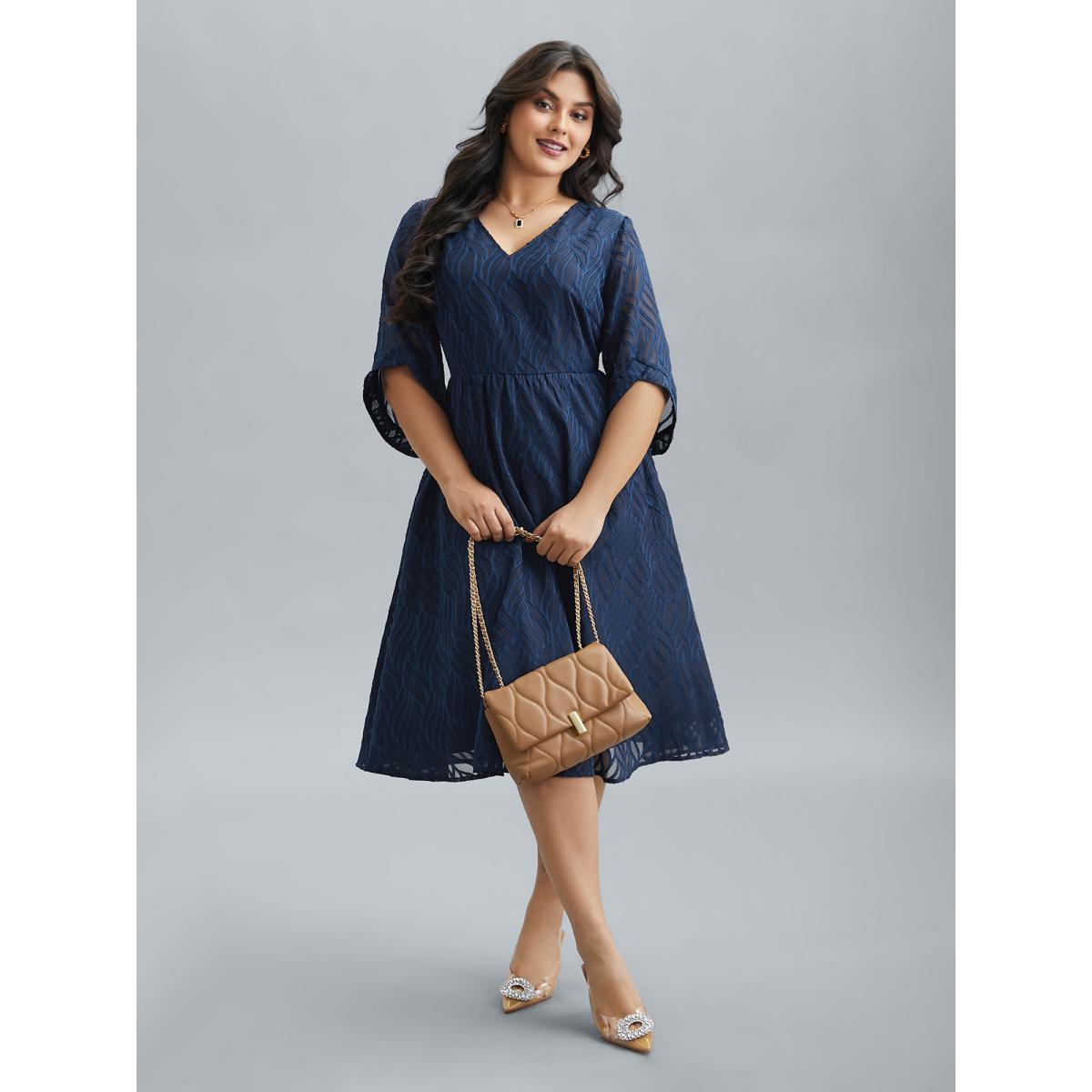 Plus Size Chiffon Textured Sheer Sleeve Midi Dress Navy Women At the Office Texture V-neck Elbow-length sleeve Curvy BloomChic 18-20/2X Product Image