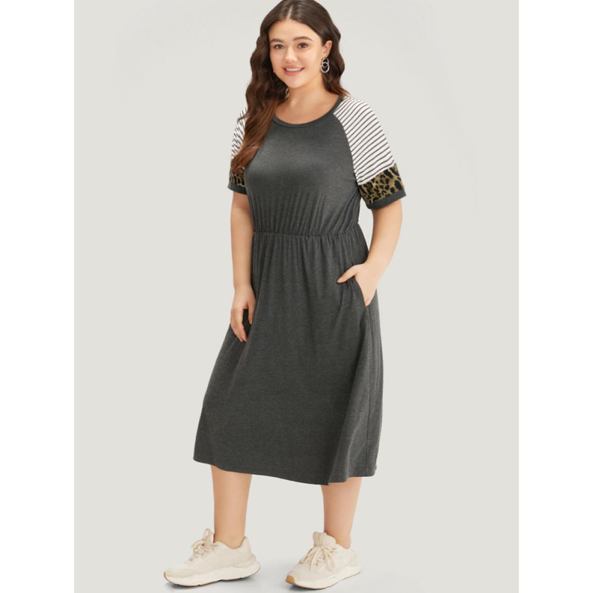 Plus Size Supersoft Essentials Leopard Striped Patchwork Raglan Sleeve Dress DimGray Women Casual Gathered Round Neck Short sleeve Curvy Midi Dress BloomChic 14-16/1X Product Image
