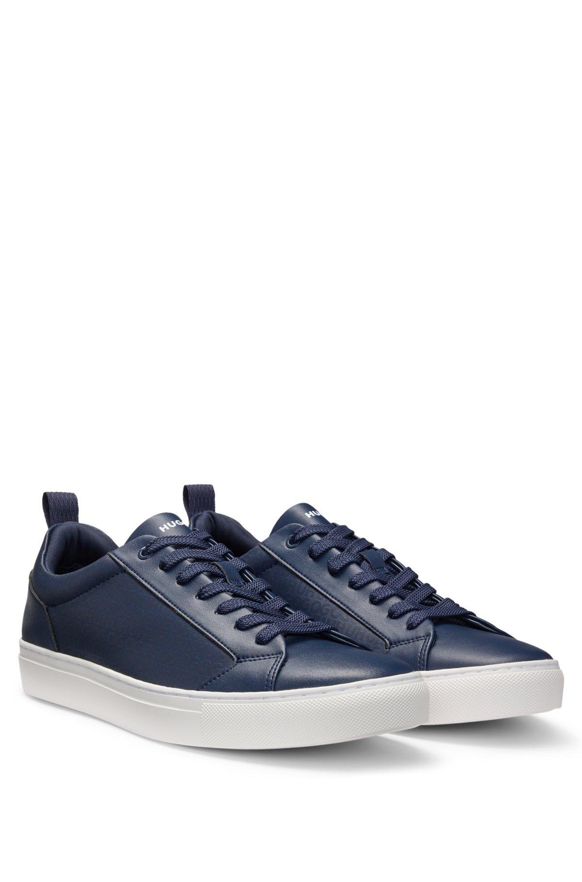 HUGO - Faux-leather trainers with tonal monograms - Dark Blue Product Image