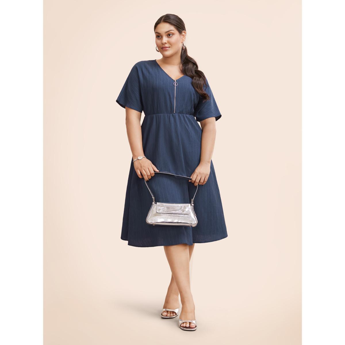 Plus Size Textured Half Zip Dolman Sleeve Dress Indigo Women At the Office Texture V-neck Short sleeve Curvy BloomChic 14-16/1X Product Image