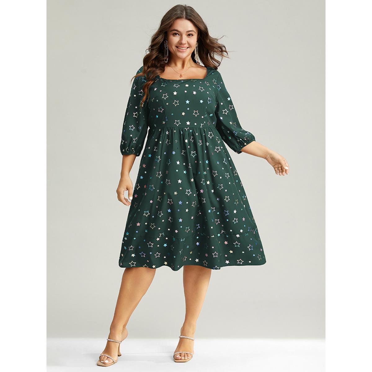 Plus Size Heart Glitter Square Neck Lantern Sleeve Dress DarkGreen Women Cocktail Elastic cuffs Square Neck Half Sleeve Curvy Midi Dress BloomChic 18-20/2X Product Image