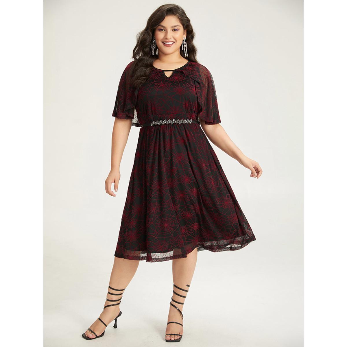 Plus Size Halloween Spider Web Pattern Keyhole Dress Black Women Party Gathered Notched collar Half Sleeve Curvy Midi Dress BloomChic 30/6X Product Image