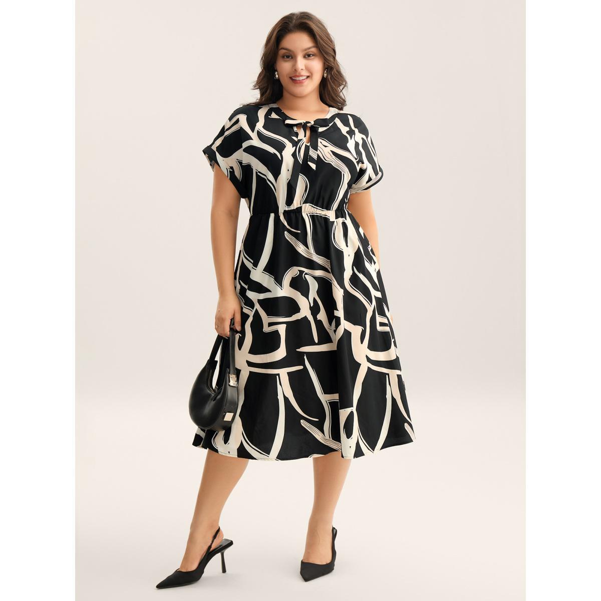 Plus Size Abstract Print Ribbon Collar Midi Dress Black Women Ribbon-tied collar Cap Sleeve Curvy BloomChic 26/4X Product Image