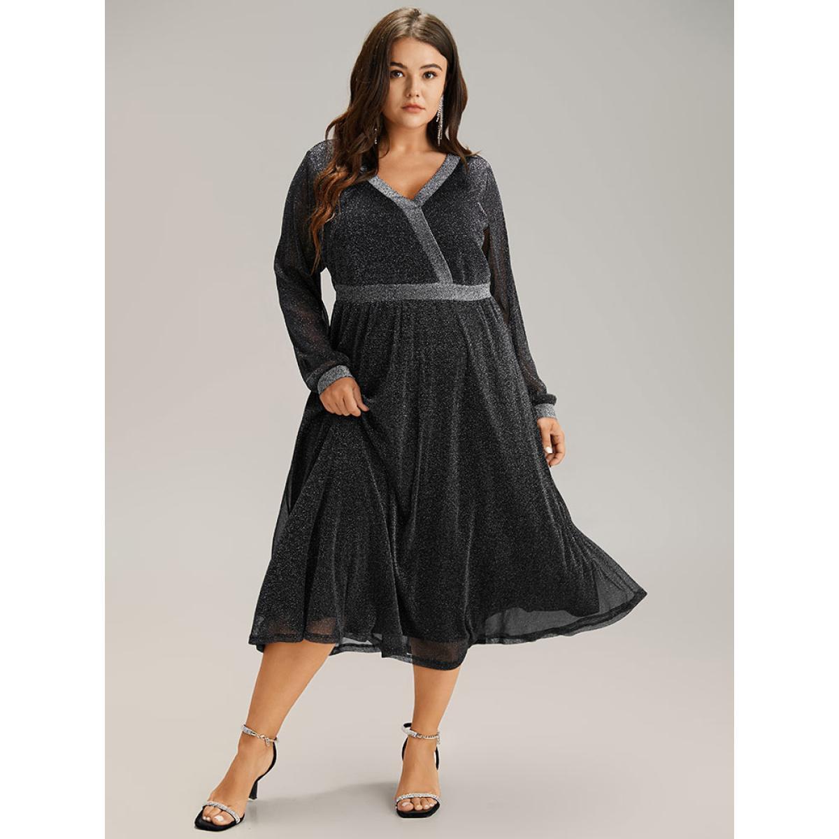 Plus Size Lurex Patchwork Mesh Elastic Waist Dress Black Women Glamour See through V-neck Long Sleeve Curvy Midi Dress BloomChic 26/4X Product Image