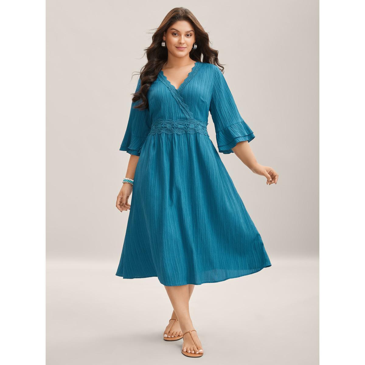 Plus Size Scalloped Lace Surplice Ruffled Midi Dress Teal Women Overlap Collar Elbow-length sleeve Curvy BloomChic 18-20/2X Product Image
