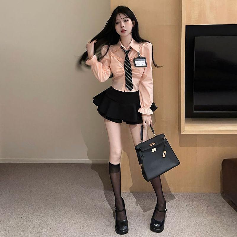 Long Sleeve Collared Plain Ruched Shirt / Necktie / Name Badge / High Waist Plain Ruffle Mini A-Line Skort / Set Product Image