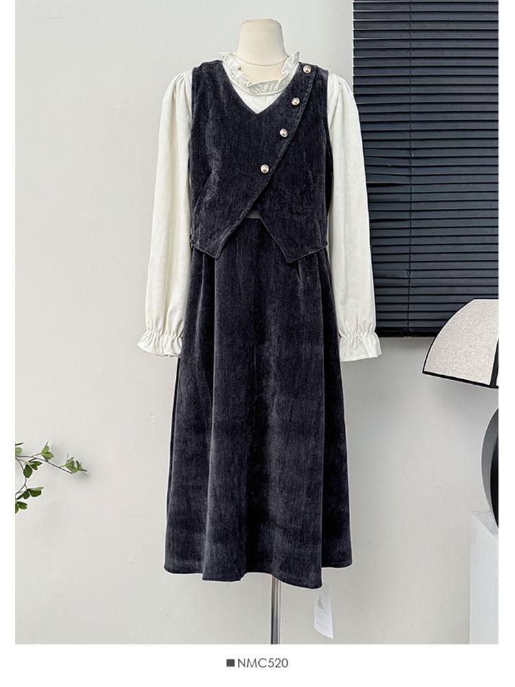 Asymmetrical Mock Two-Piece A-Line Dress / Ruffled Loose Blouse Product Image