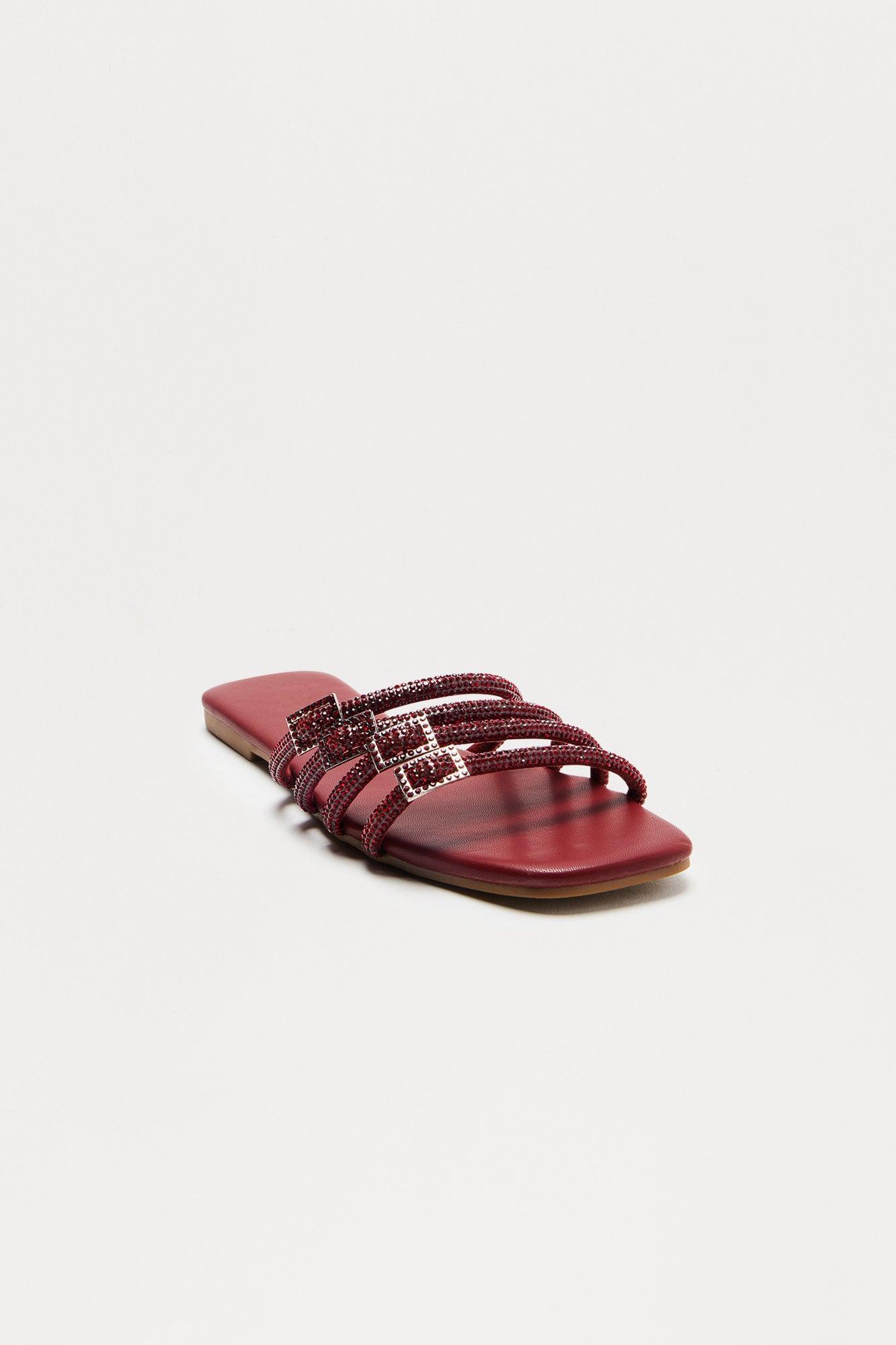 Romain Rhinestone Buckle Slip On Sandals - Wine Product Image