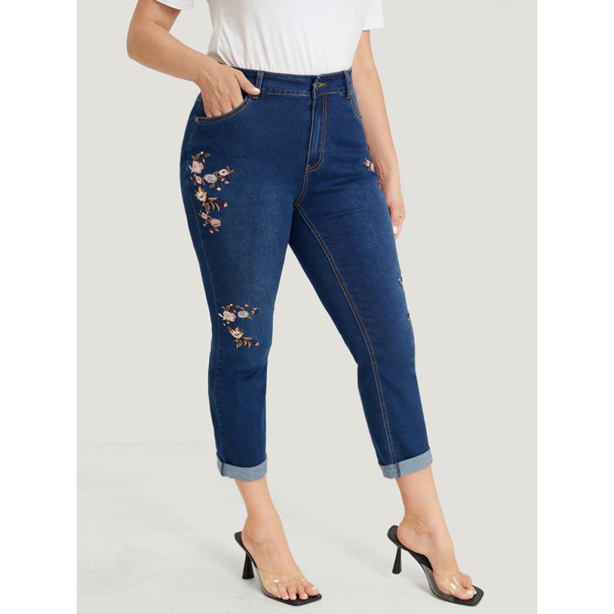 Plus Size Straight Leg Very Stretchy Dark Wash Floral Embroidered Jeans Women DarkBlue Casual Plain Embroidered High stretch Jeans BloomChic 30/6X Product Image