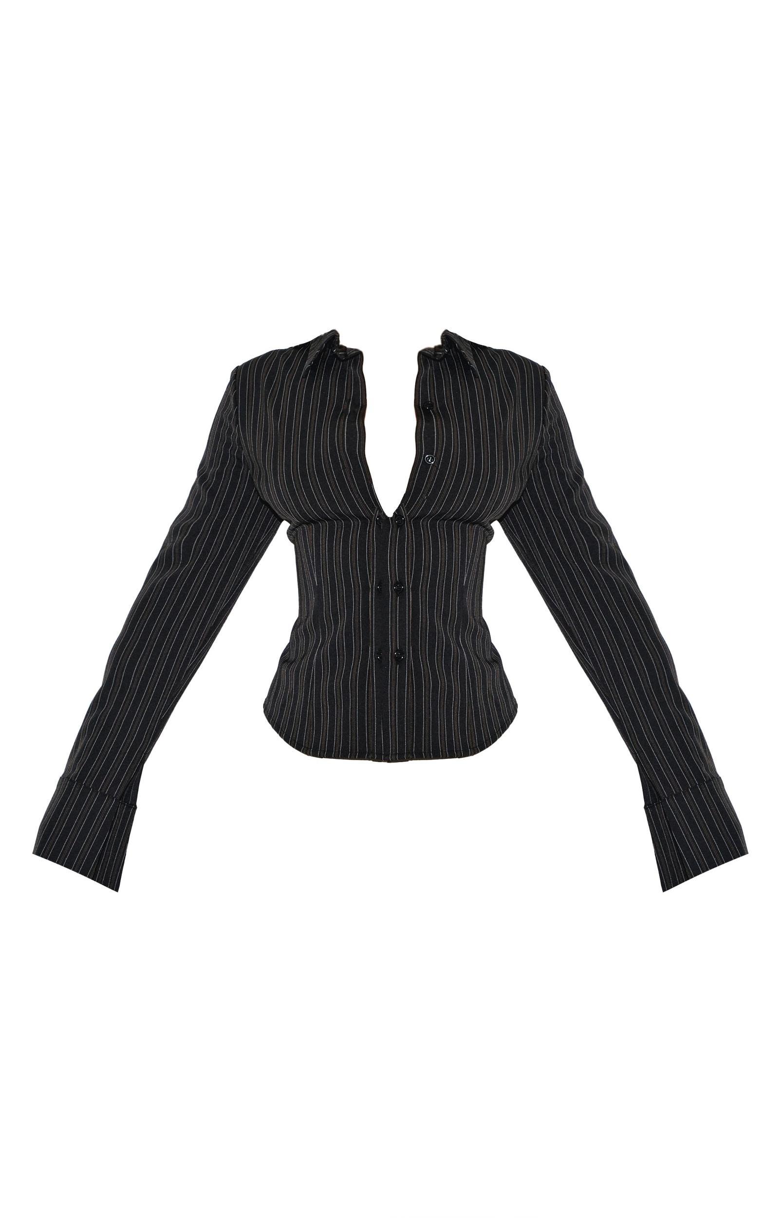 Petite Black Striped Long Sleeve Fitted Shirt Product Image