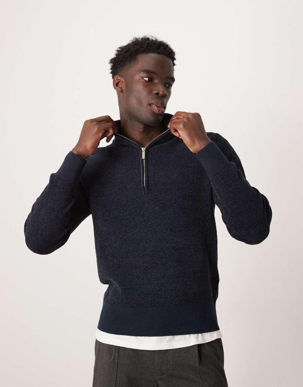 Selected Homme chenille half zip sweater in navy Product Image