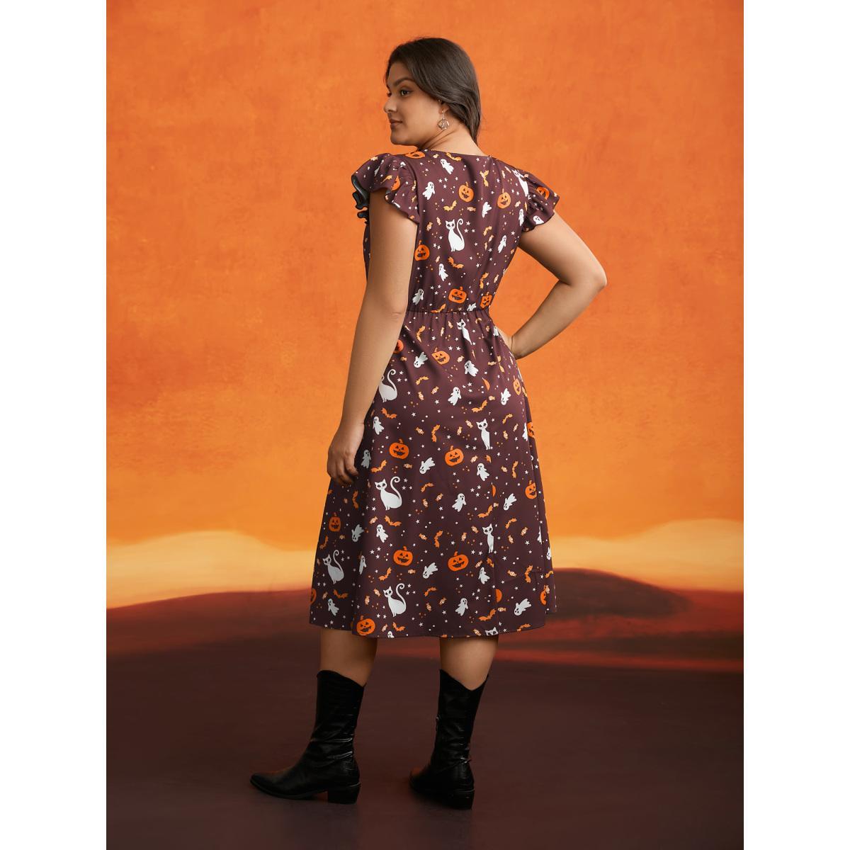 Plus Size Pumpkin Printed Ruffle Sleeves Midi Dress Deepred Women Casual Ruffles Party Curvy Bloomchic 14-16/1X Product Image