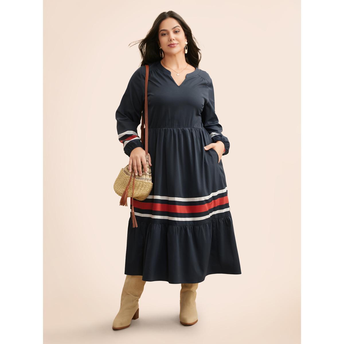 Plus Size Contrast Striped Notched Ruffle Hem Dress Navy Women Casual Contrast Flat collar with V-notch Long Sleeve Curvy BloomChic 30/6X Product Image