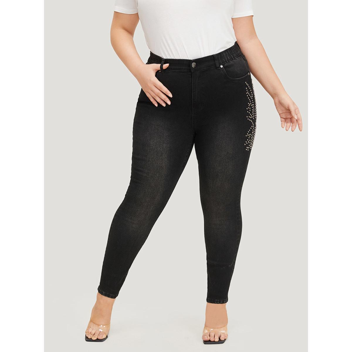 Plus Size Beaded Detail Pocket Very Stretchy Black Wash Jeans Women Black Casual Plain Beaded High stretch Pocket Jeans BloomChic 24/3X Product Image
