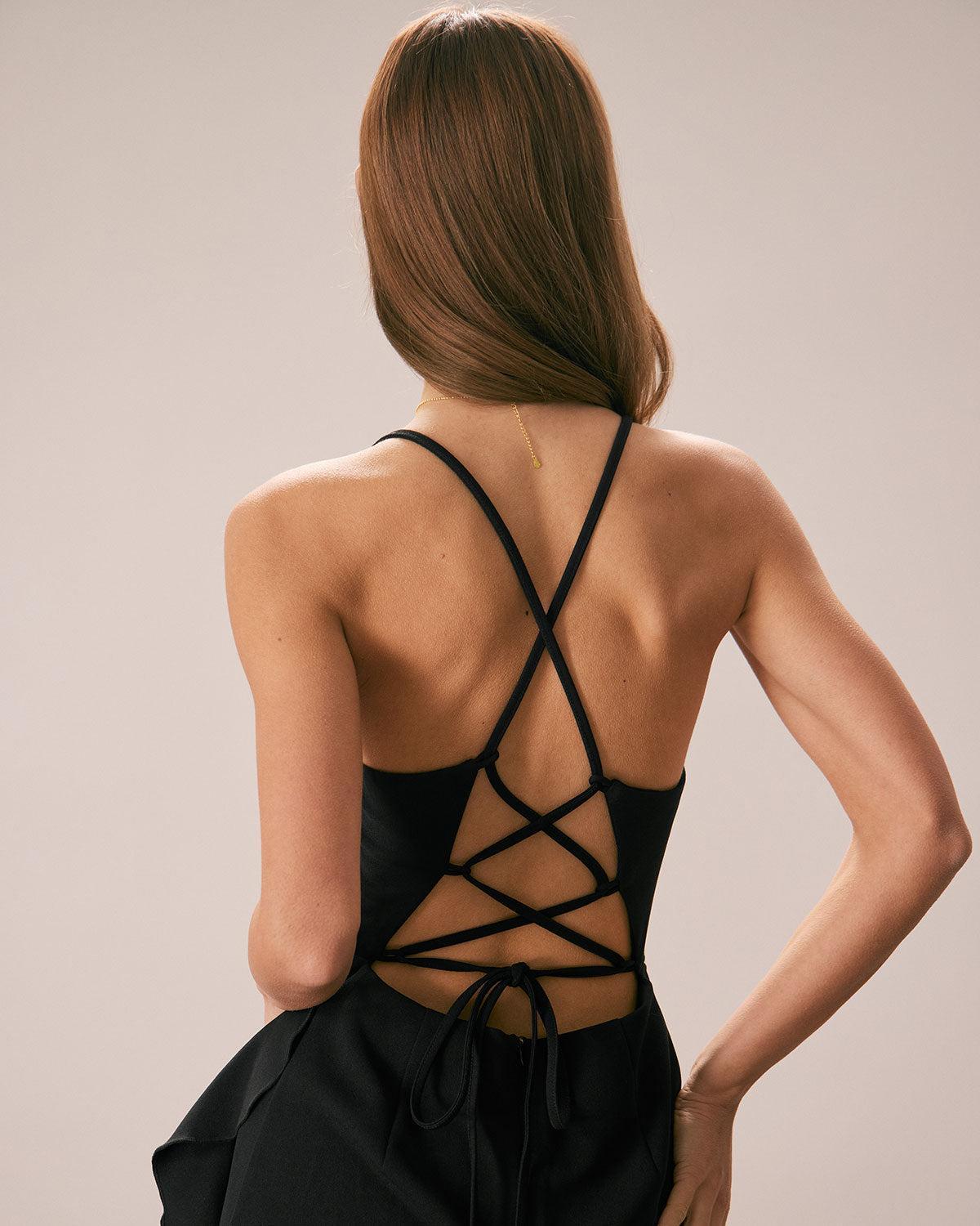 The Black Ruffle Cross Back Strap Maxi Dress Product Image