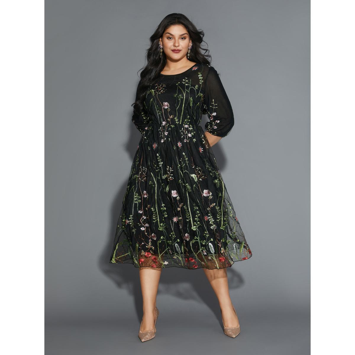 Plus Size Floral Embroidered Elastic Waist Lined Midi Dress Black Women Cocktail Texture Party Curvy Bloomchic 18-20/2X Product Image